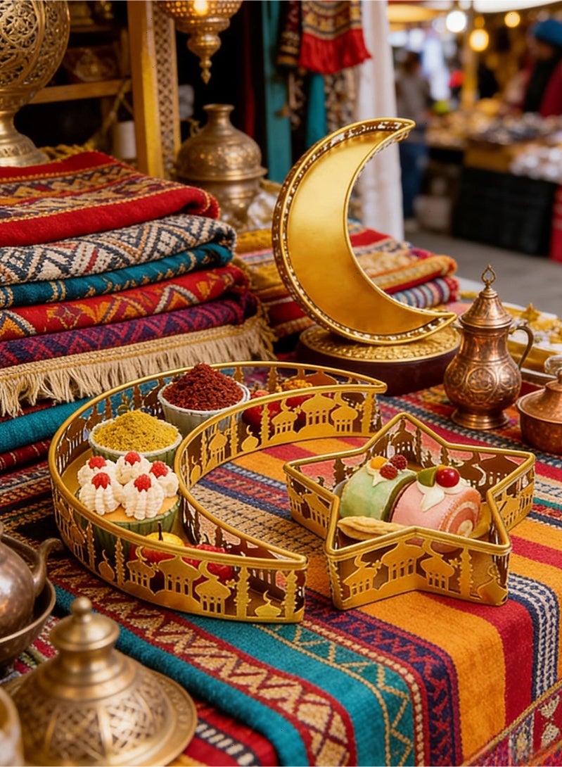 Topyich Ramadan Tray - 2Pcs Gold Moon Star Iron Ramadan Decoration Plates, Serving Tray for Candy Pastry Snacks, Holiday Party Home Decor - Image 5